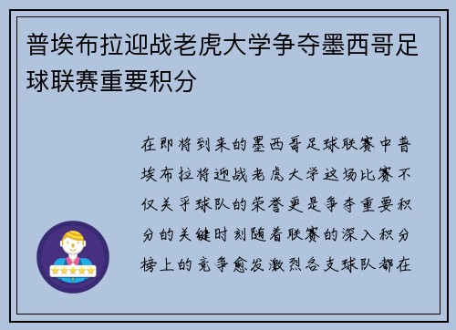 普埃布拉迎战老虎大学争夺墨西哥足球联赛重要积分